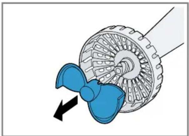 Diagram of a propeller or fan assembly with blue blades and internal gear mechanism. No text or symbols present.