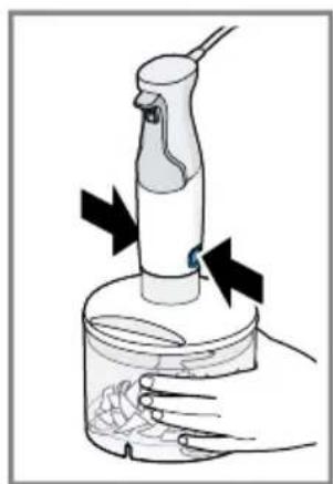 Illustration of a hand using a handheld device to interact with a container, showing mechanical components and directional arrows.