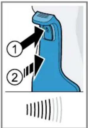 Diagram showing a blue handheld device with labeled parts and directional arrows, likely illustrating a motion or signal processing concept.