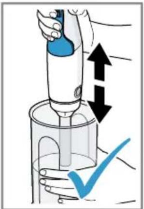 Diagram showing a hand using a handheld device to lift liquid, with arrows indicating upward and downward motion and a checkmark below.