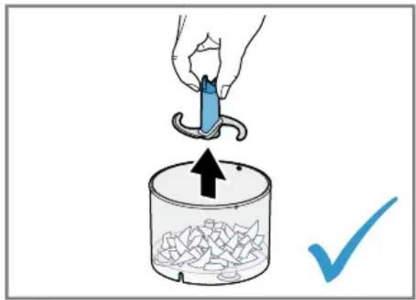 Illustration of a hand using a tool to lift a container with a black arrow and checkmark.