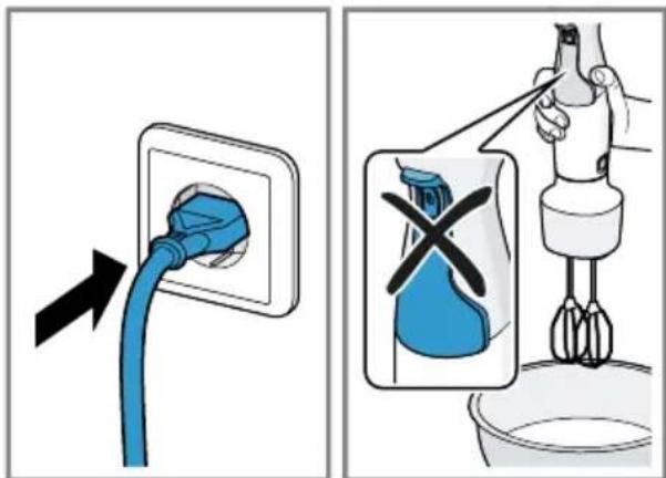 Diagram showing two steps of electric shock plug installation: one with a blue plug inserted into a socket, the other with a hand using a tool to clean a blue liquid.