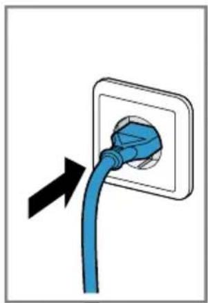 Illustration of a blue electrical plug inserted into a square socket, with an arrow indicating direction.