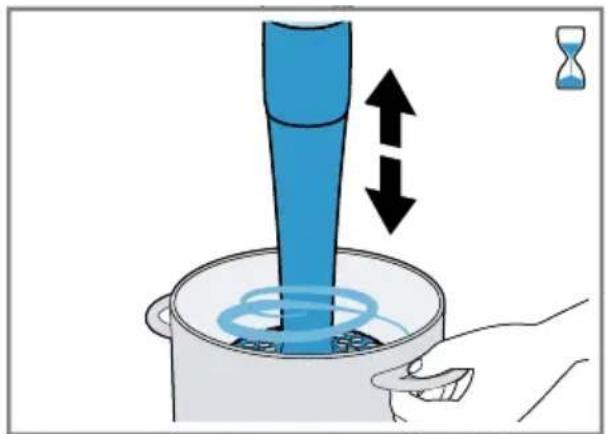 Illustration of a hand pouring liquid into a container with an hourglass symbol. No text or labels present.