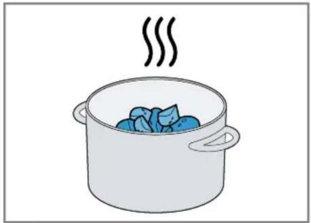 Illustration of a cooking pot with steaming blue food items. No text or symbols present.