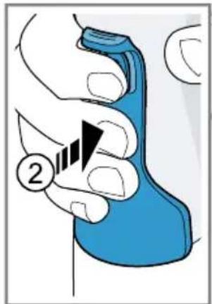 Diagram showing a hand holding a blue object with a numbered label (②) pointing to a black arrow indicating direction or movement.