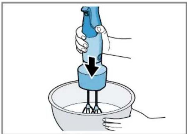 Illustration of a hand using a blue spray gun to lift a small container with chopsticks.