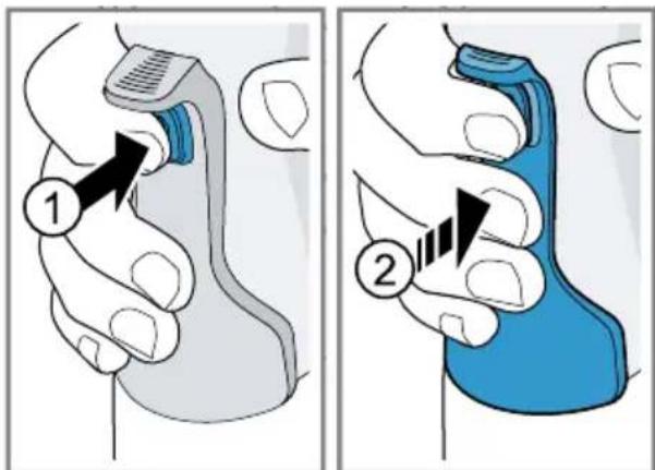 Medical illustration showing a two-step procedure for a hand holding a device, with numbered instructions.
