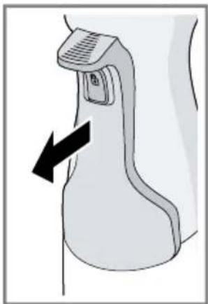 Diagram of a medical device with a black arrow pointing to a specific anatomical feature.