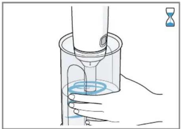 Illustration of a hand holding a cylindrical container with liquid, showing a hand pressing a ring.