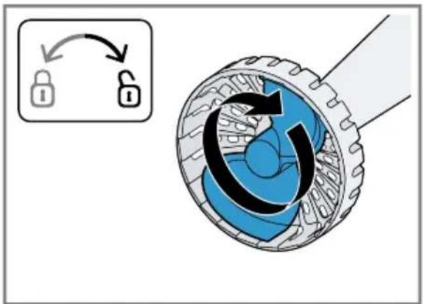 Diagram illustrating lock state change with a circular component and directional arrows, showing lock states before and after rotation.