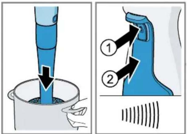 Diagram illustrating a blue tool being inserted into a container, with numbered steps and a magnified view showing the process.
