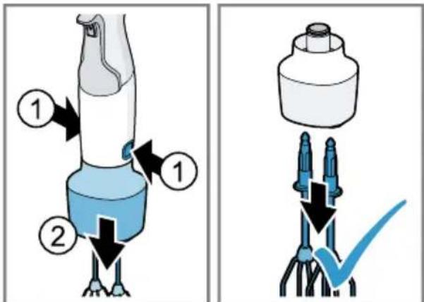 Diagram illustrating a spray gun mechanism with labeled parts and directional arrows, including steps 1 and 2.