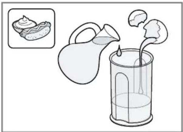 Illustration of a pitcher pouring liquid into a glass with liquid, accompanied by an inset image of a sandwich.