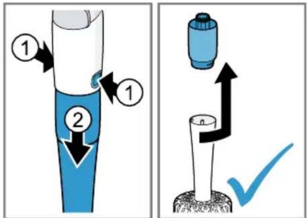 Diagram illustrating two steps of a mechanical or fluidic device with numbered components and directional arrows indicating process flow.