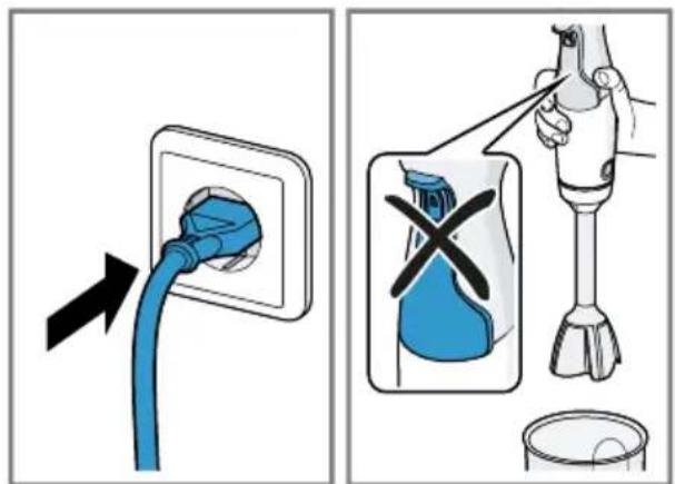 Diagram illustrating the installation of a blue plug into a socket, with a hand using a spray can to clean the product.