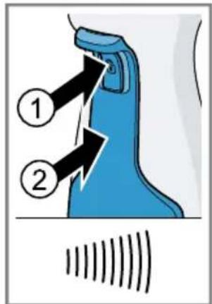 Diagram showing a blue object with two labeled parts (① and ②) and a wavy line below, likely illustrating a mechanical or safety concept.