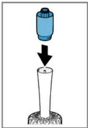 Diagram showing a blue cylindrical object being lowered into a white cylindrical container, with a black arrow indicating the process. No text or symbols present.