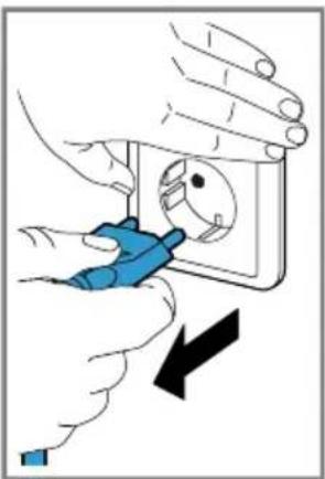 Illustration of hands installing a wall socket with a blue tool, showing a black arrow indicating downward motion.