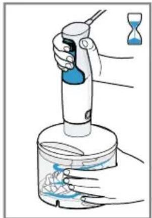 Illustration of a hand using a handheld device to interact with a container of liquid, accompanied by an hourglass symbol.