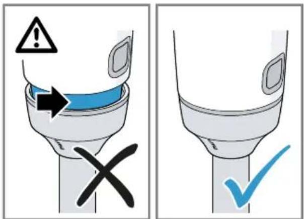 Diagram illustrating a toilet with warning symbols and a checkmark, showing correct and incorrect states of the funnel.