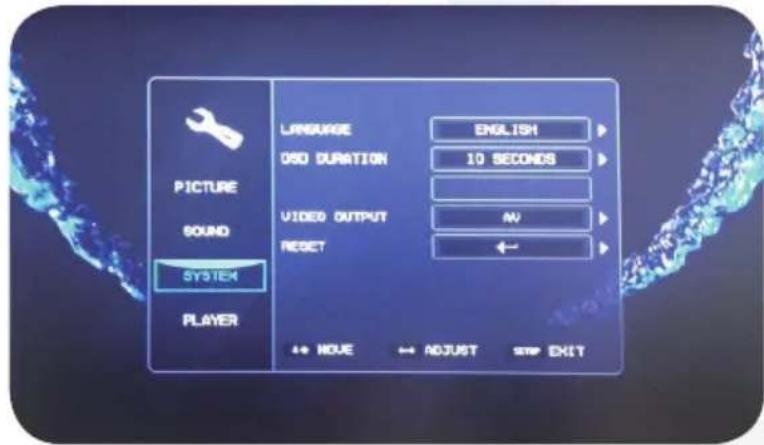 LARGURGE ENGLISH OSO DURATION 10 SECONDS VIDEO OUTPUT AV RESET SYSTEM PLAYER MOVUE ADJUST EXP EXIT