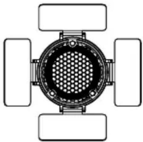 Top-down schematic of a four-panel circular device with central mesh pattern (no text or symbols)