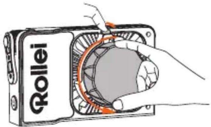 Illustration of hands installing a mechanical component labeled 'Rollei' (no additional text or symbols)