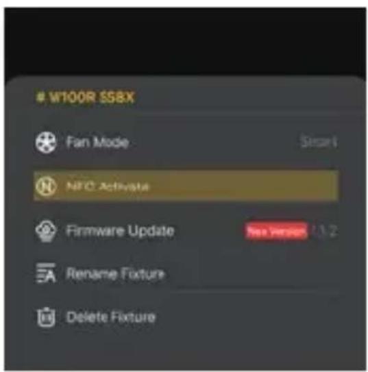 W100R $S8X Fan Mode NFC Activate Firmware Update Rename Fixture Delete Fixture