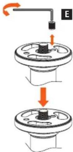Diagram showing a mechanical assembly with labeled component E and directional arrows indicating motion or movement.