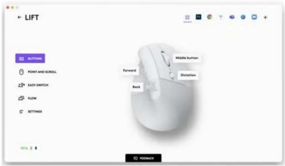 Boutons de levage Pointer et faire défiler Easy-Switch Flux Paramètres Avant Arrière Bouton du milieu Dictée 15% Retour
