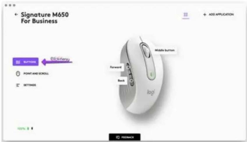 Signature M650 Pour les entreprises + AJOUTER UNE APPLICATION BOUTONS Modifier ici POINTER ET FAIRE DÉFILER PARAMÈTRES Bouton du milieu Avant Arrière logi 100% 1 RETOUR