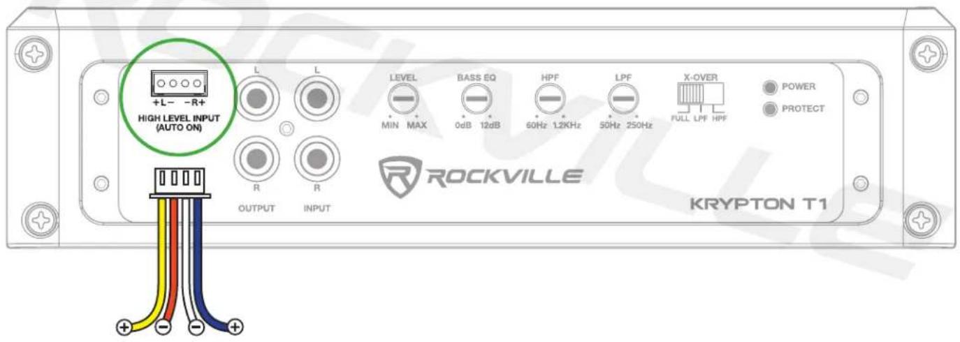 +L- -R+ HIGH LEVEL INPUT (AUTO ON) L L LEVEL BASS EQ HPF LPF X-OVER POWER MIN MAX 0dB 12dB 60Hz 1.2KHz 50Hz 250Hz FULL LPF HPF PROTECT R R OUTPUT INPUT ROCKVILLE KRYPTON T1
