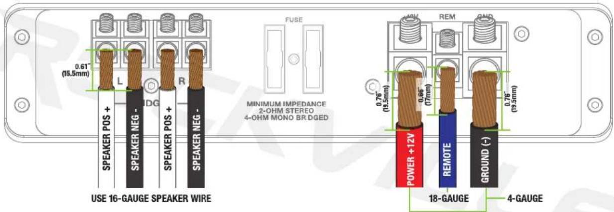 USE 16-GAUGE SPEAKER WIRE 0.61" (15.5mm) L R SPEAKER NEG - SPEAKER POS + SPEAKER NEG - FUSE MINIMUM IMPEDANCE 2-OHM STEREO 4-OHM MONO BRIDGED 18-GAUGE 4-GAUGE POWER +12V REMOTE GROUND (-)