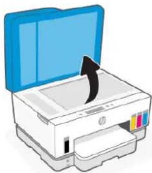 Illustration of a printer with a blue cover and an arrow indicating print direction (no text or symbols).