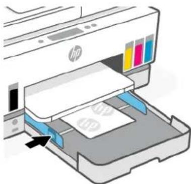 Illustration of an HP printer with paper being inserted, showing color swatches and a black arrow indicating the printer's page (no text or symbols present).
