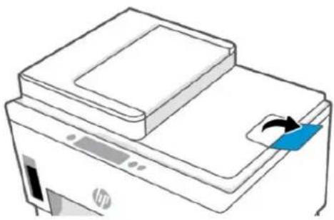 Line drawing of a printer with a blue arrow indicating a scroll or scroll (no text or symbols present)