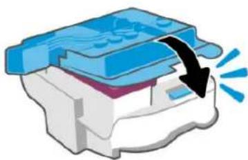Illustration of a blue LEGO printer with a black arrow indicating compression or disassembly (no text or symbols).