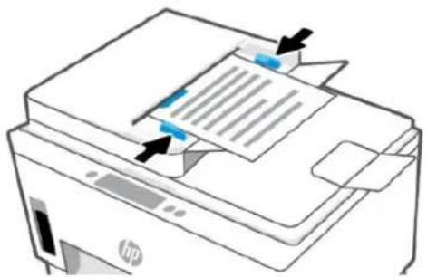 Illustration of a HP printer with paper feed and blue arrows indicating print process (no text or symbols)