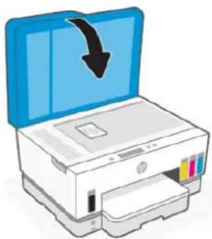 Illustration of a printer with a blue cover and a black arrow pointing to its lid (no text or symbols)