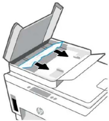 Illustration of an HP printer with open lid and paper feed, showing internal page layout (no text or symbols).
