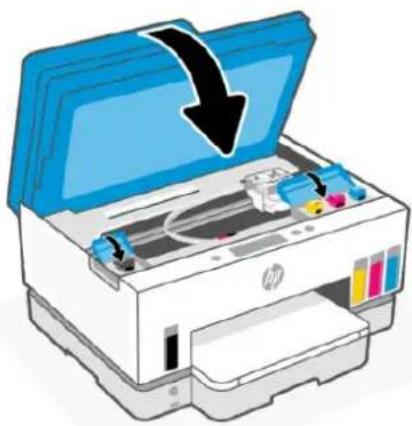 Illustration of an HP printer with a blue cover and black arrow indicating compression or disassembly (no text or symbols).
