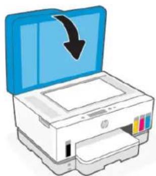 Illustration of an HP printer with a blue cover and a black arrow indicating down (no text or symbols).