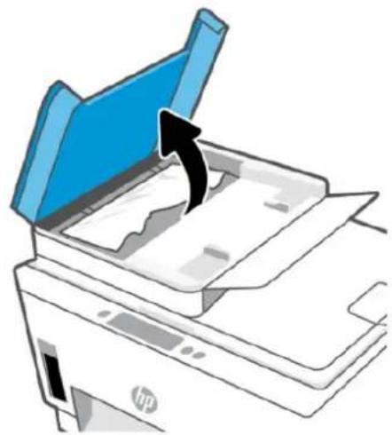 Illustration of an HP printer with a blue cover and arrow indicating print direction (no text or symbols).