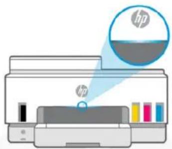 Illustration of an HP printer with paper and color bars, no text or symbols present.