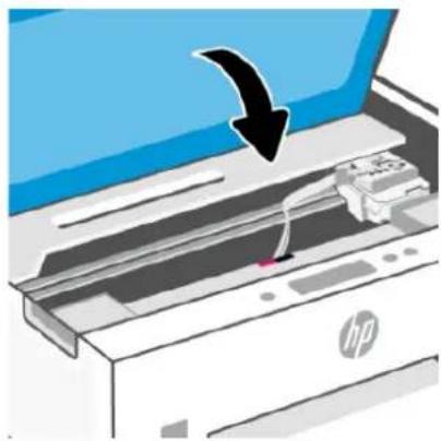 Illustration of a printer with a paper airplane being inserted, showing the printer's internal structure and a blue arrow indicating the process (no text or symbols present).
