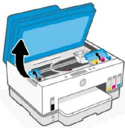 Illustration of an HP printer with a blue cover and paper filter being inserted (no text or symbols visible).