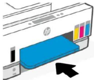 Illustration of an HP printer with color swatches and a black arrow pointing to the printer's side panel (no text or symbols present).