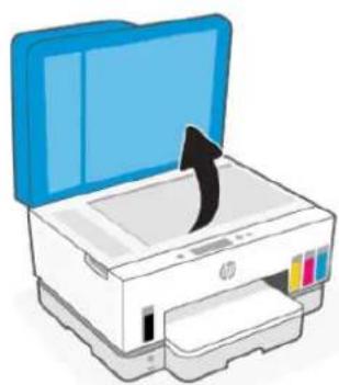 Illustration of a printer with an open lid and a black arrow indicating print direction (no text or symbols).