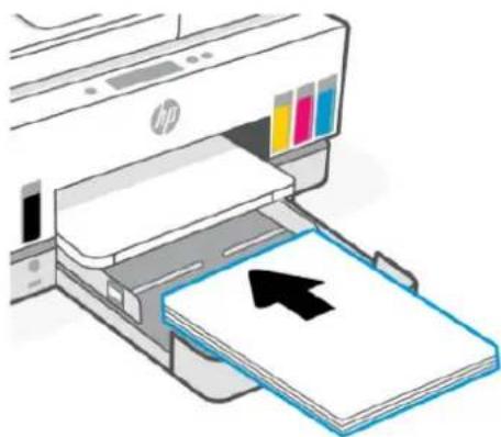 Illustration of an HP printer with color palette and paper tray, showing printer's paper being inserted (no text or symbols).